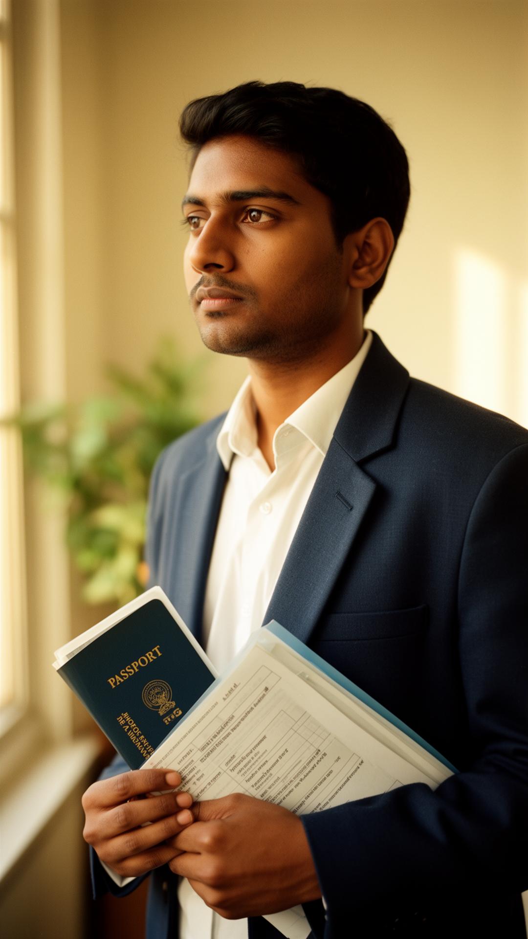 A Bangladeshi traveller holding a passport in soft natural light