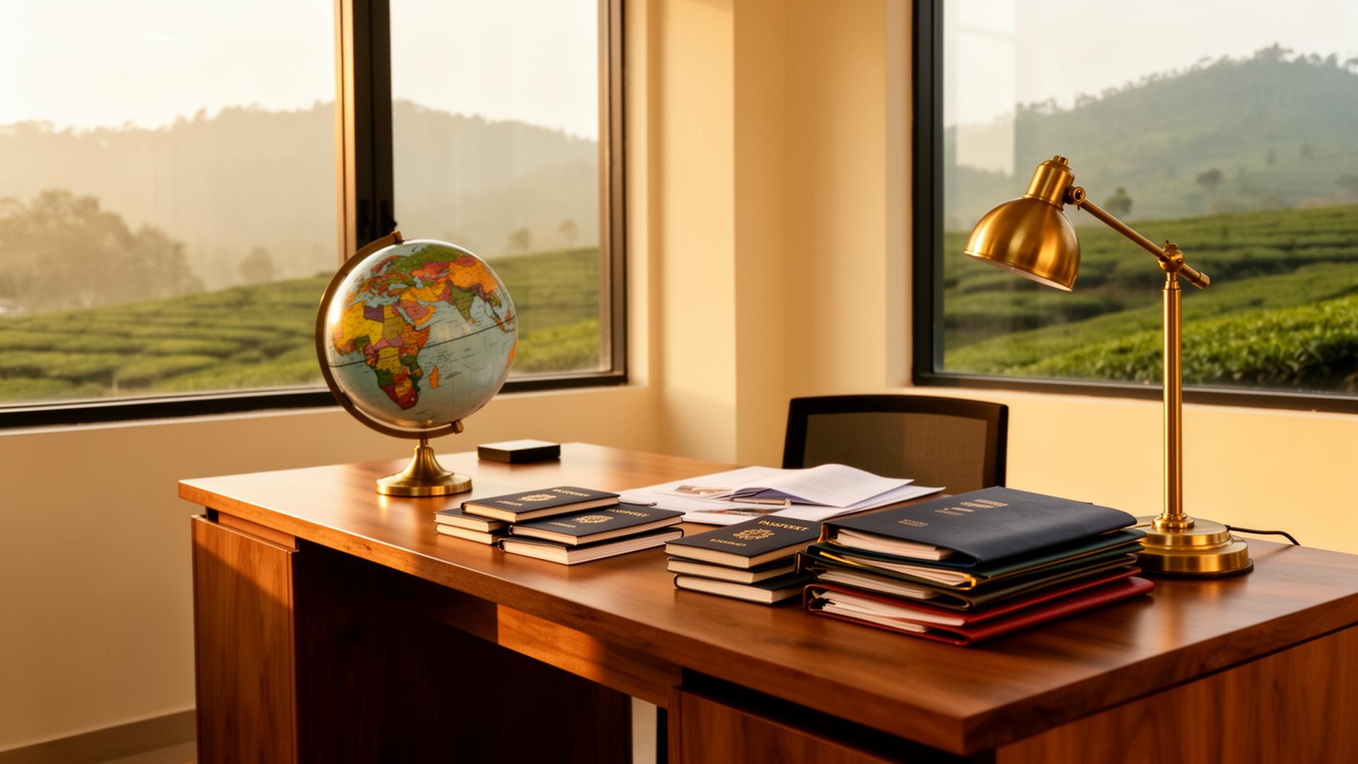 A boutique consultancy desk in Sylhet at golden hour, overlooking tea gardens